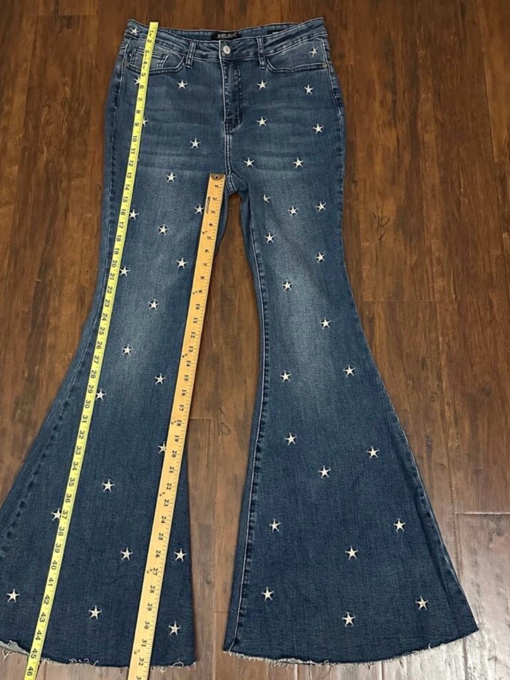 JUDY BLUE Super Flare Jeans Blue Denim Stars Embroidered Boho Retro - Picture 5 of 5